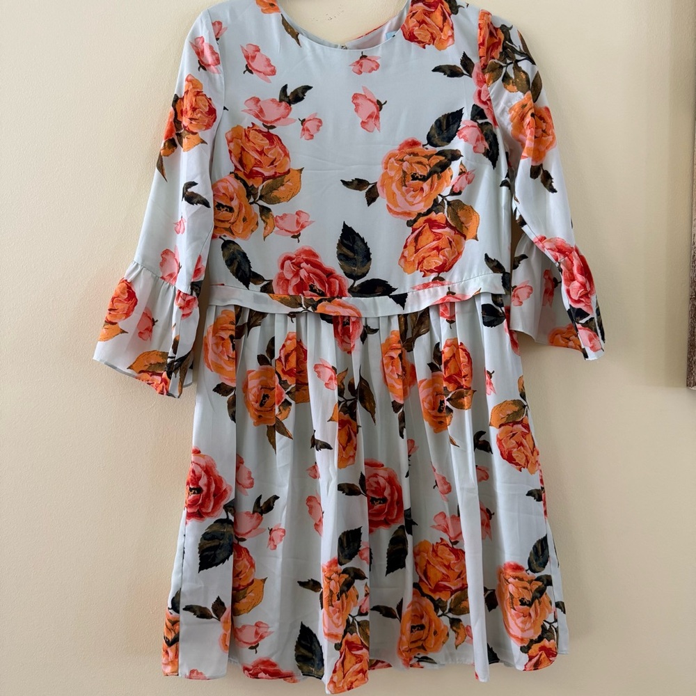 Floral Teen Dress in Light Blue Teal color with Orange and Pink Roses